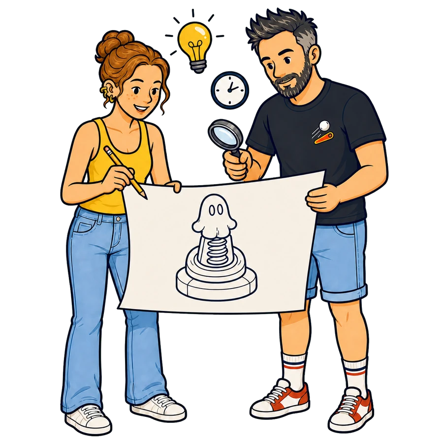Charlotte und Johan betrachten die Zeichnung einer Flipper-Kreation